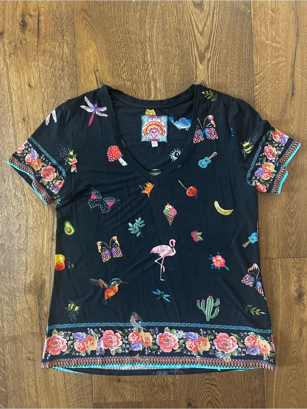 Johnny Was Black V-Neck Tee with Colorful Embroidered Motifs
